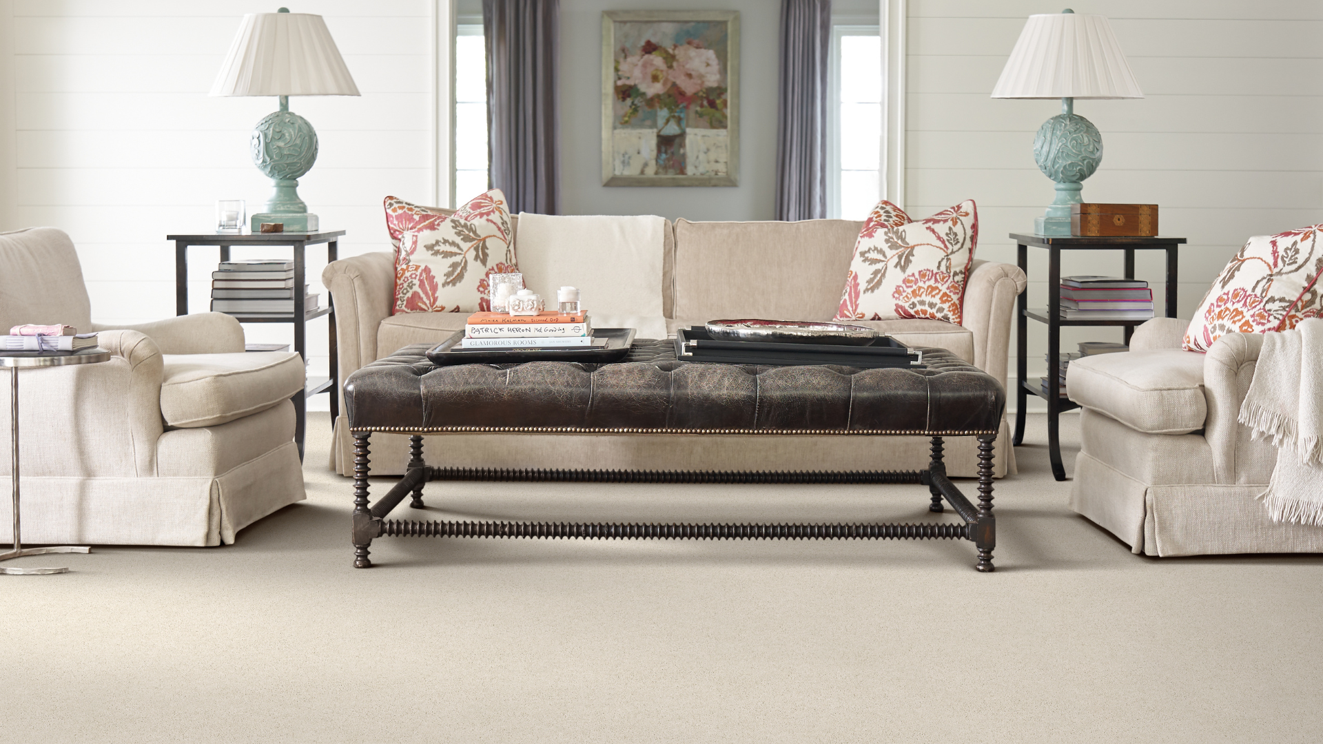 cream color carpet in living room with matching furniture